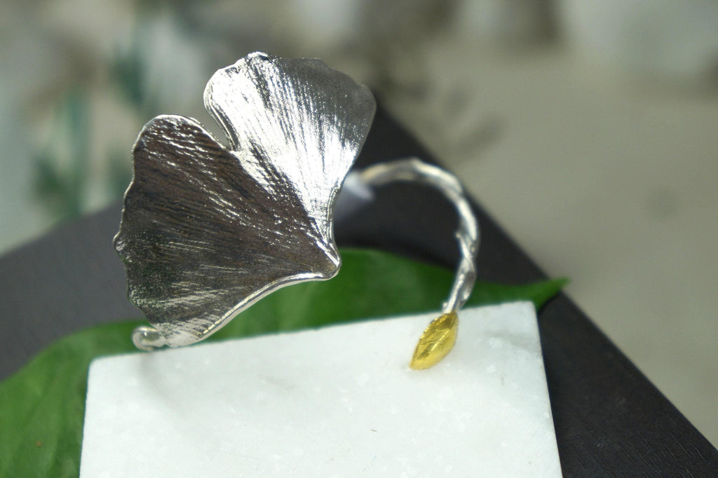 Nature-Inspired Silver Cuff Bracelet, Ginkgo Leaf with Rose Accent (Adjustable)
