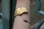 Nature-Inspired Silver Cuff Bracelet, Ginkgo Leaf with Rose Accent (Adjustable)