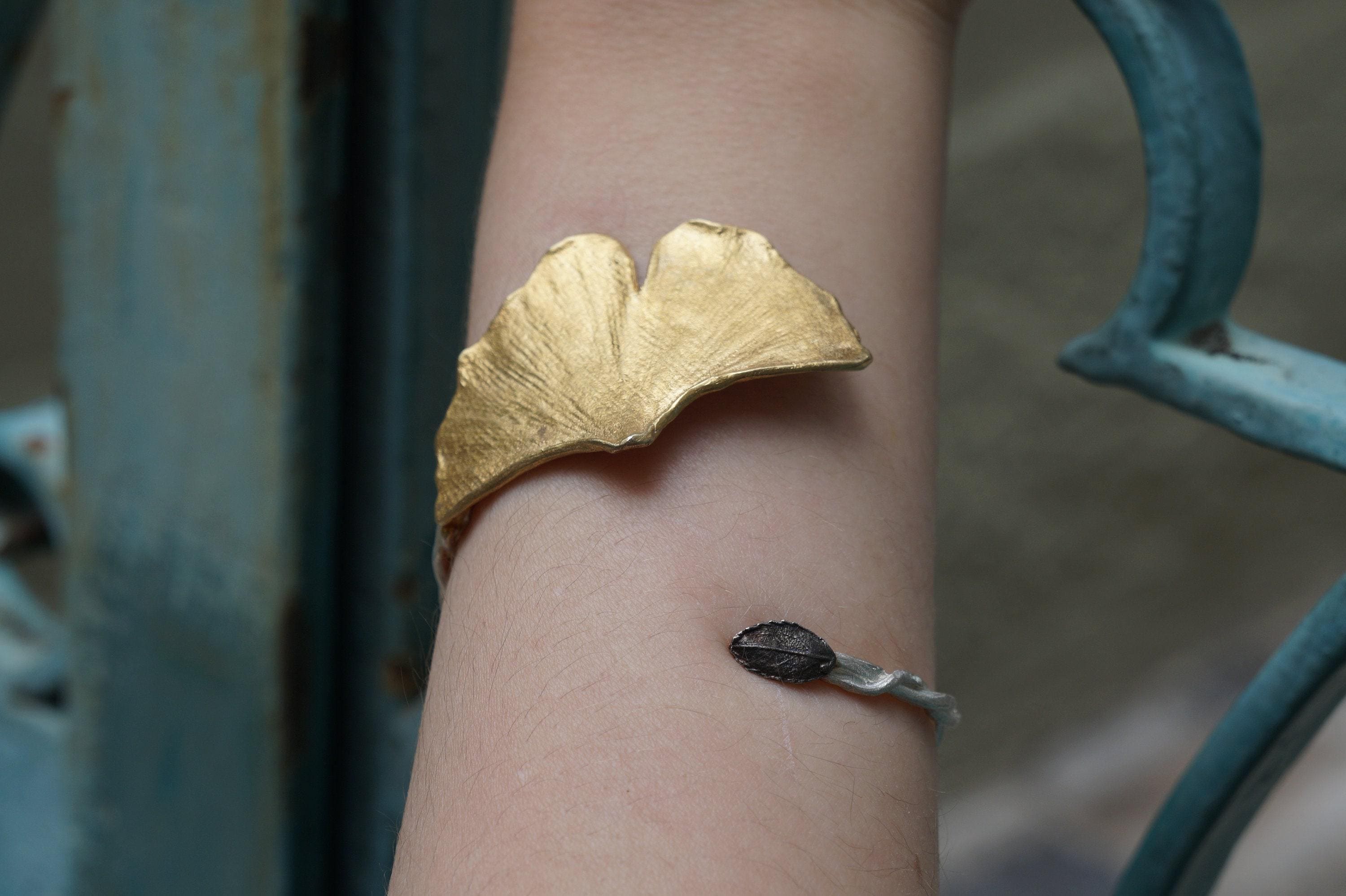 Nature-Inspired Silver Cuff Bracelet, Ginkgo Leaf with Rose Accent (Adjustable)
