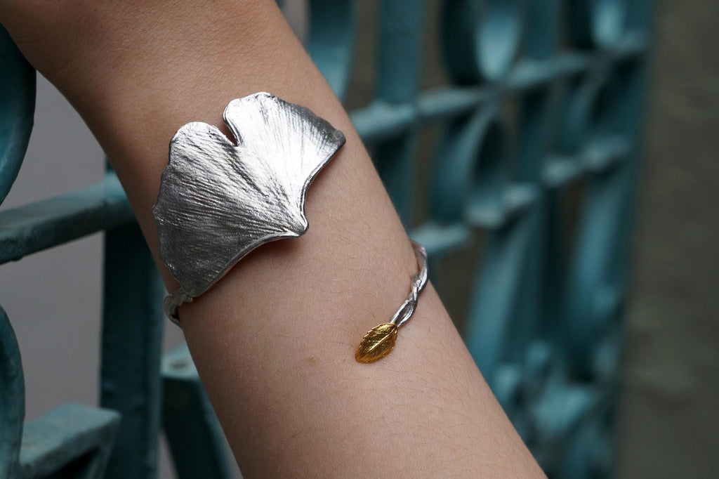 Nature-Inspired Silver Cuff Bracelet, Ginkgo Leaf with Rose Accent (Adjustable)