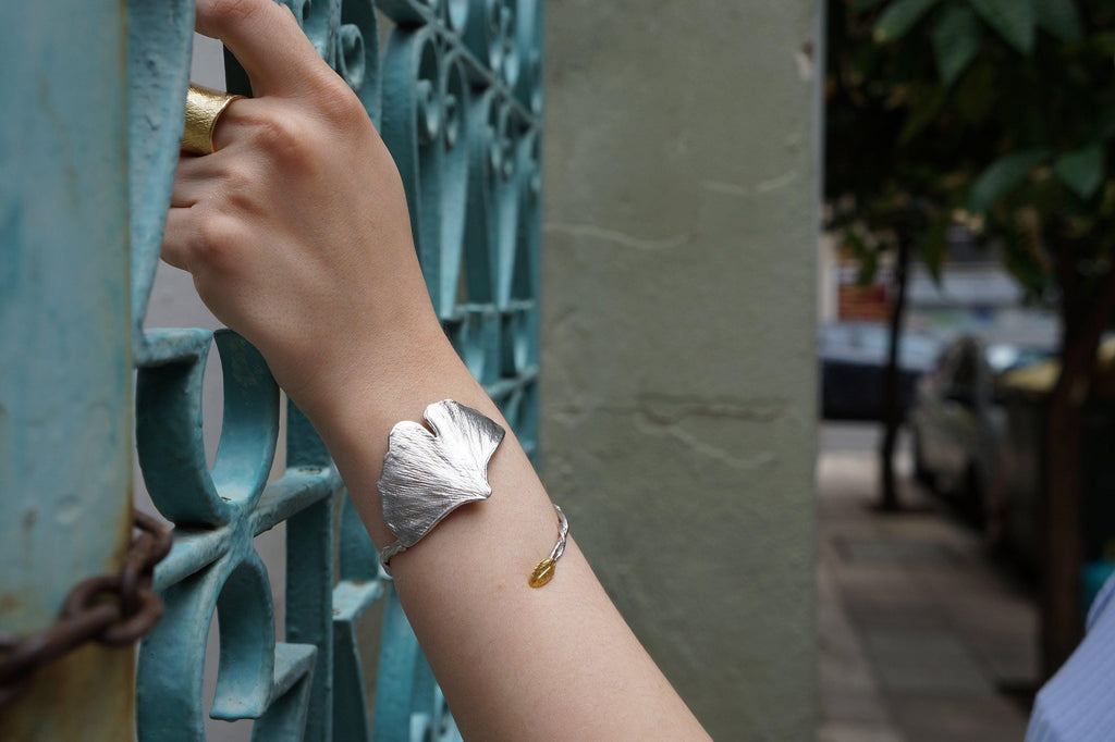 Nature-Inspired Silver Cuff Bracelet, Ginkgo Leaf with Rose Accent (Adjustable)