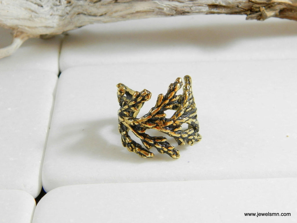 Leaf Ring: Handmade Cypress Design.14k Goldplated brass Adjustable Wide Band ring.