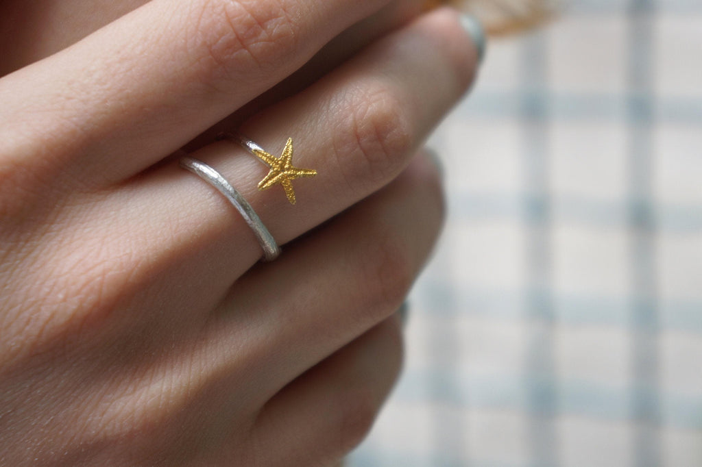 Starfish Ring: Nature Inspired Silver with Gold Accent - Adjustable