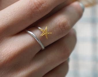 Starfish Ring: Solid Gold or White Gold - Nautical, Dainty Style