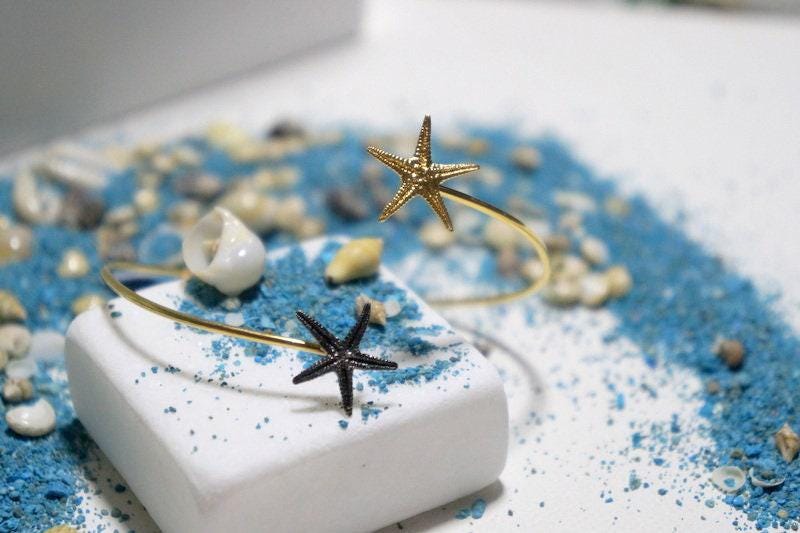 Nature-Inspired Starfish Bracelet, Two Tone Silver and Gold (Adjustable Cuff)