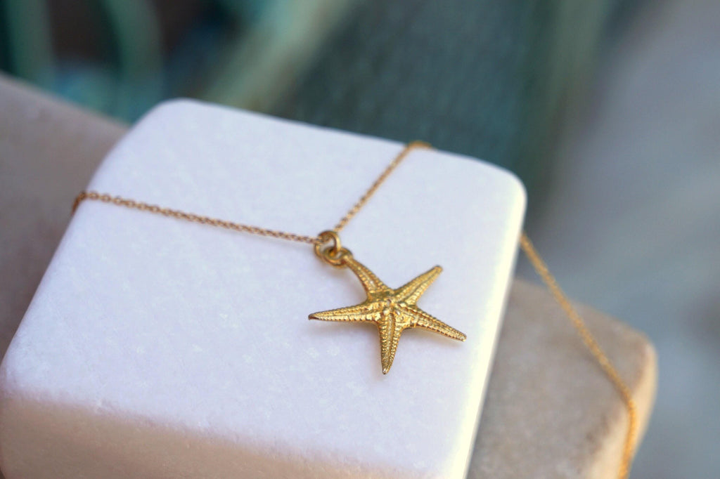 Starfish Gold plated Recycled Brass Necklace: Beach Inspired, Five Elements Pendant