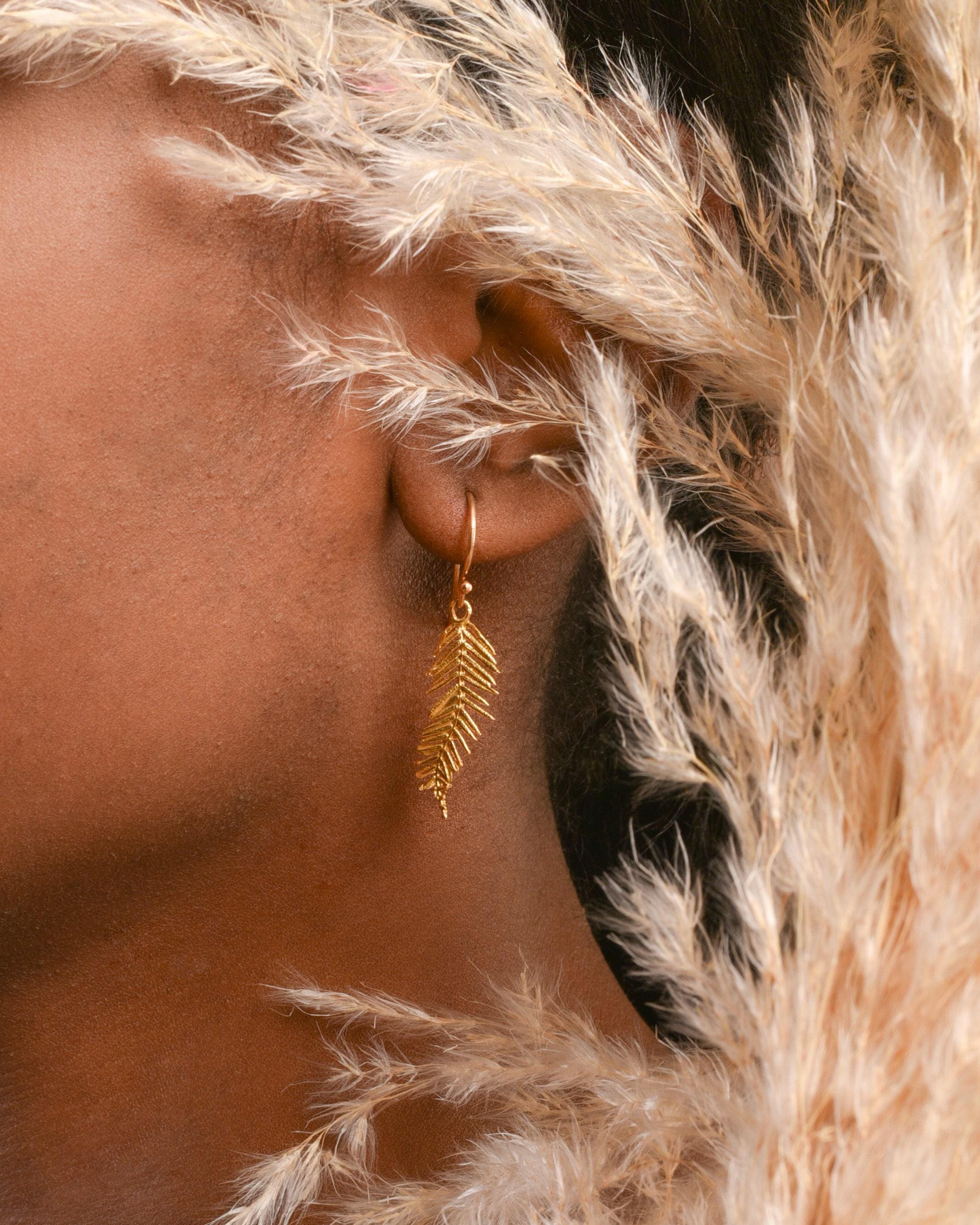 Acacia Leaf Earrings: Minimalist Dangle - Sterling Silver, Gold Plated