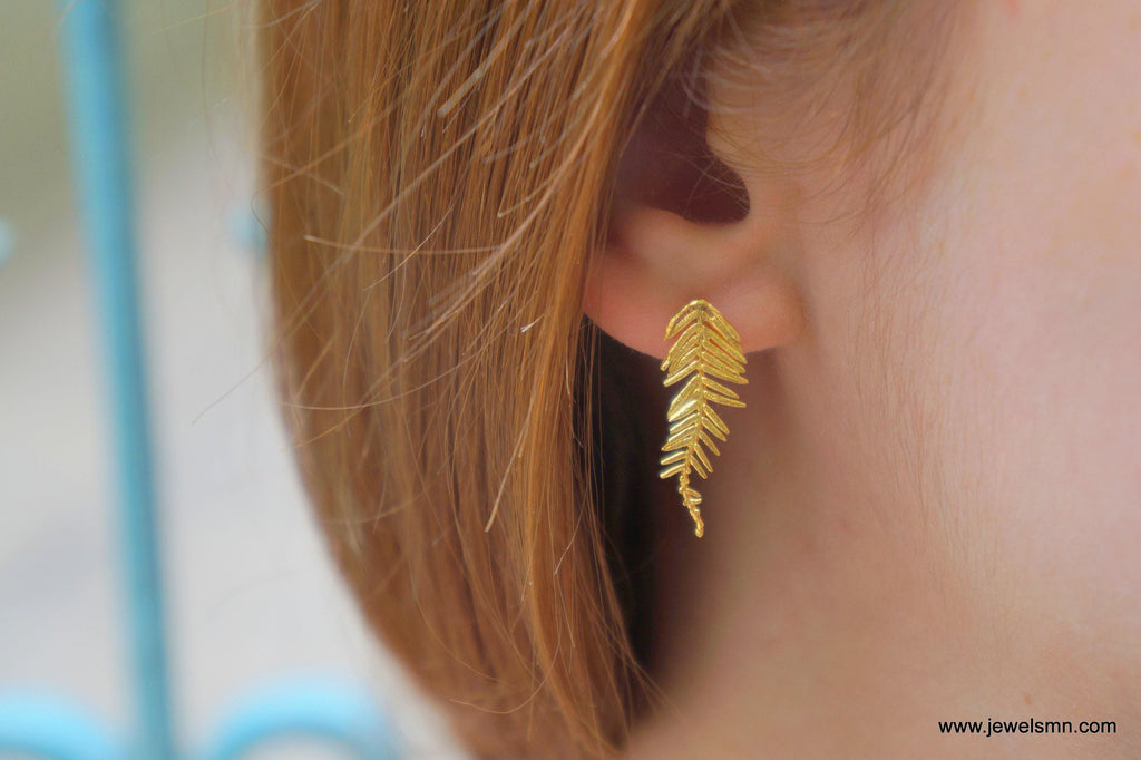 Leaf Stud Earrings: Mimosa Acacia Design - Silver or Gold Plated