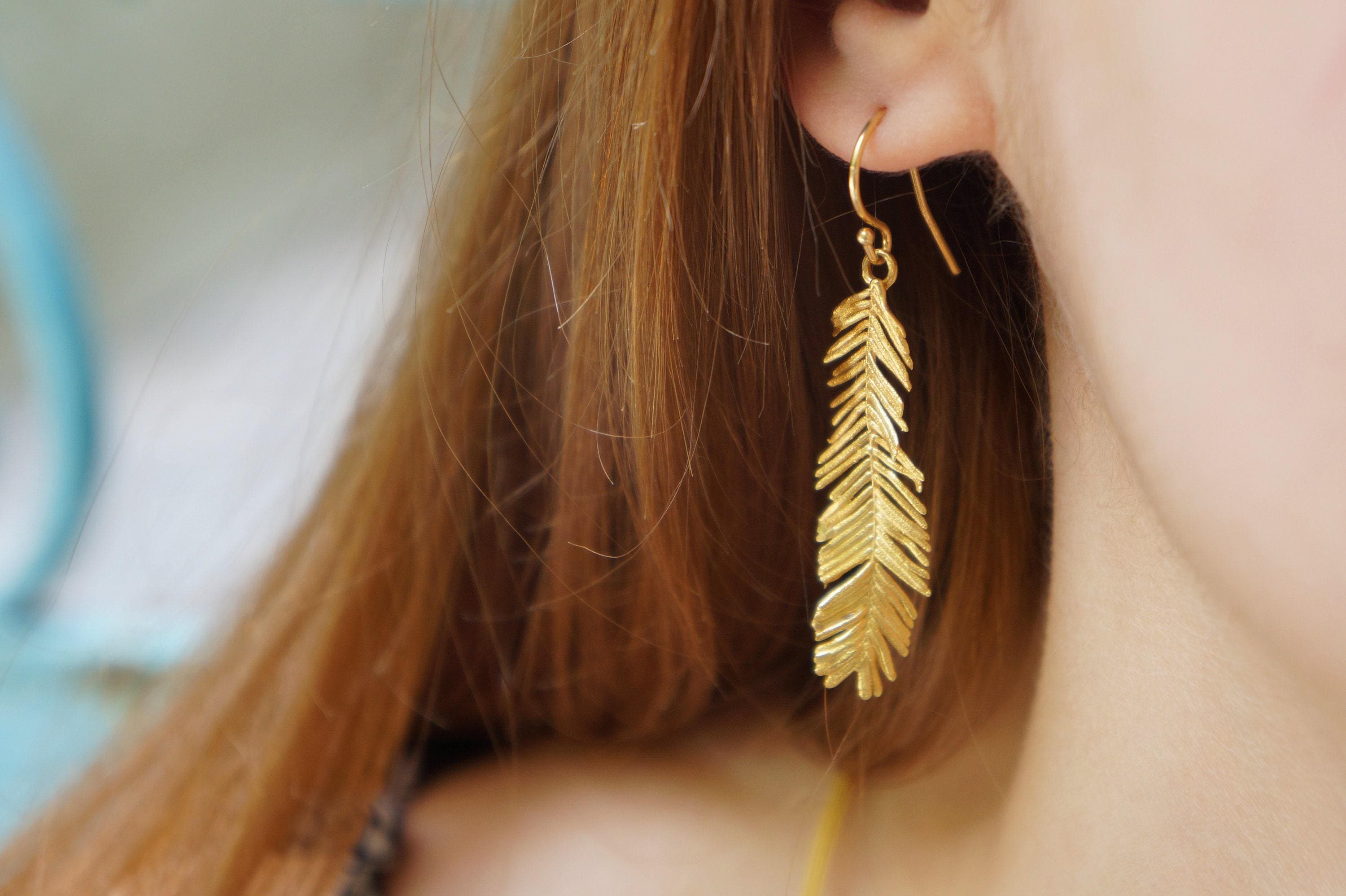Mimosa Leaf Earrings: Gold Plated Sterling Silver - Nature Inspired