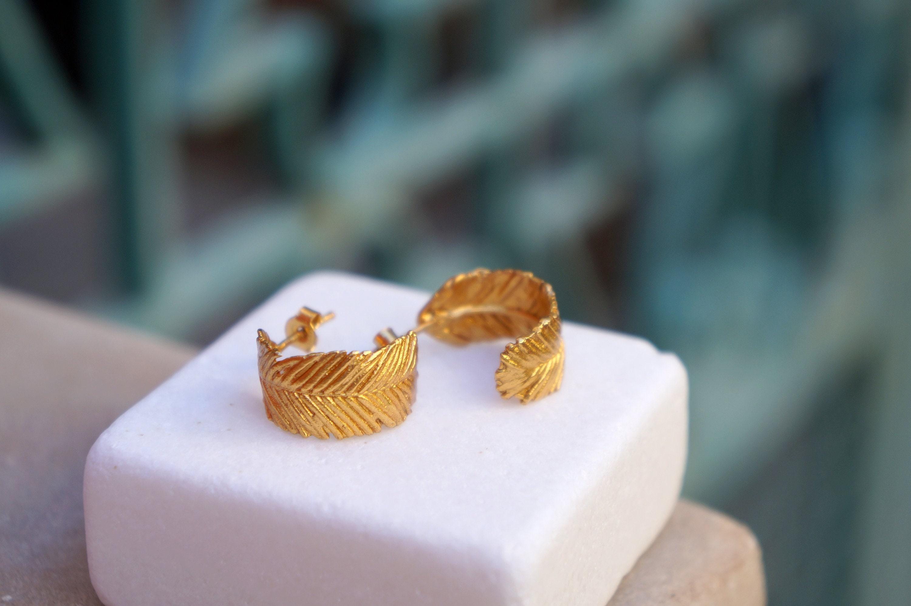 Hoop Earrings: 14k Gold Plated Mimosa Leaves - Nature Inspired Jewelry in Recycled Brass