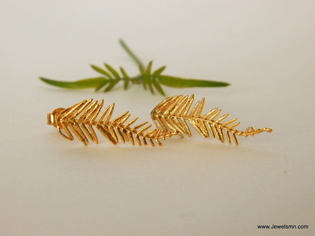 Leaf Stud Earrings: Mimosa Acacia Design - Silver or Gold Plated