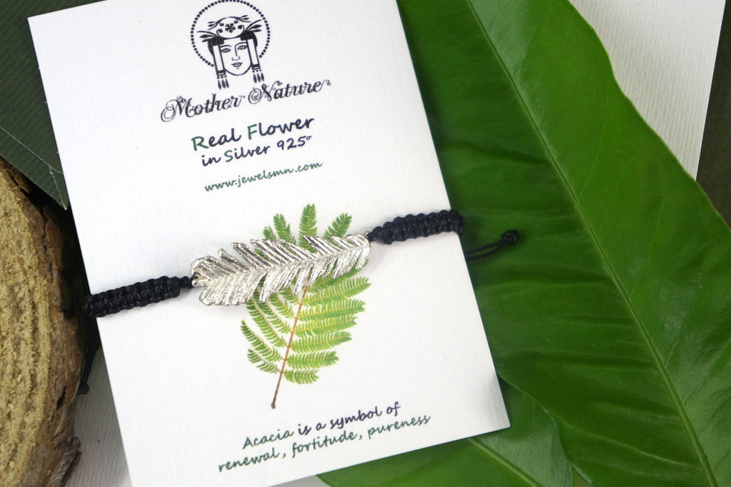 Acacia Leaf Bracelet: Adjustable Cord, Natural Botanical Jewelry