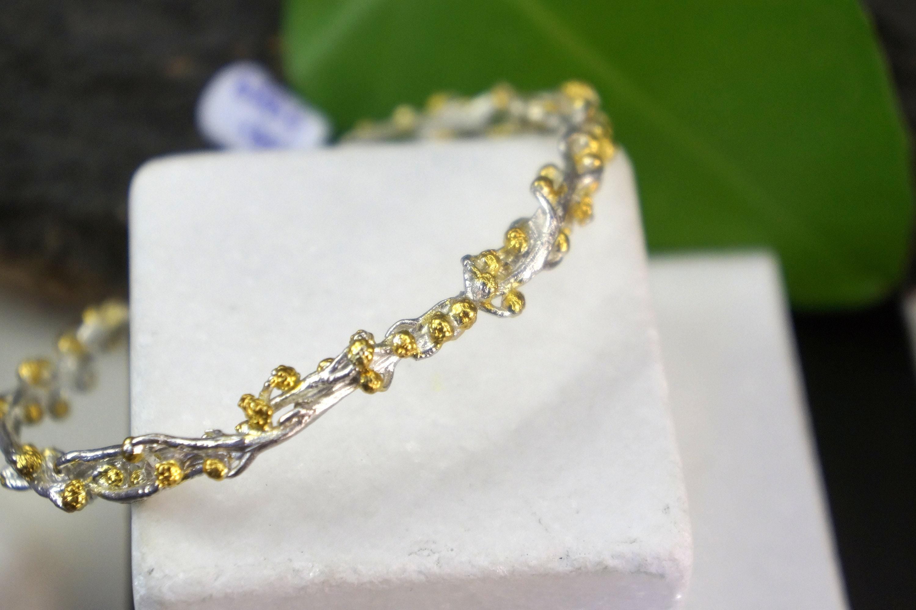Gold Acacia Bracelet, Gold-Plated Sterling Silver Jewelry, Acacia Branch Bangle Bracelet, Gift for Her, Birthday Gift for Women