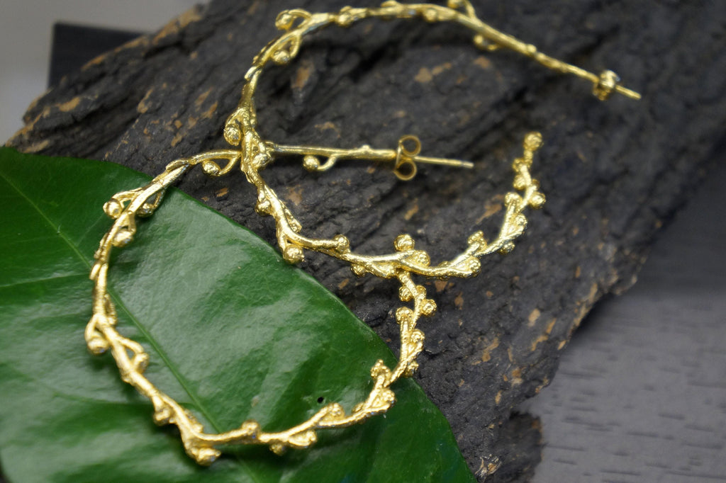 Mimosa Twig Hoop Earrings: Gold Plated Recycled Silver, Nature Inspired