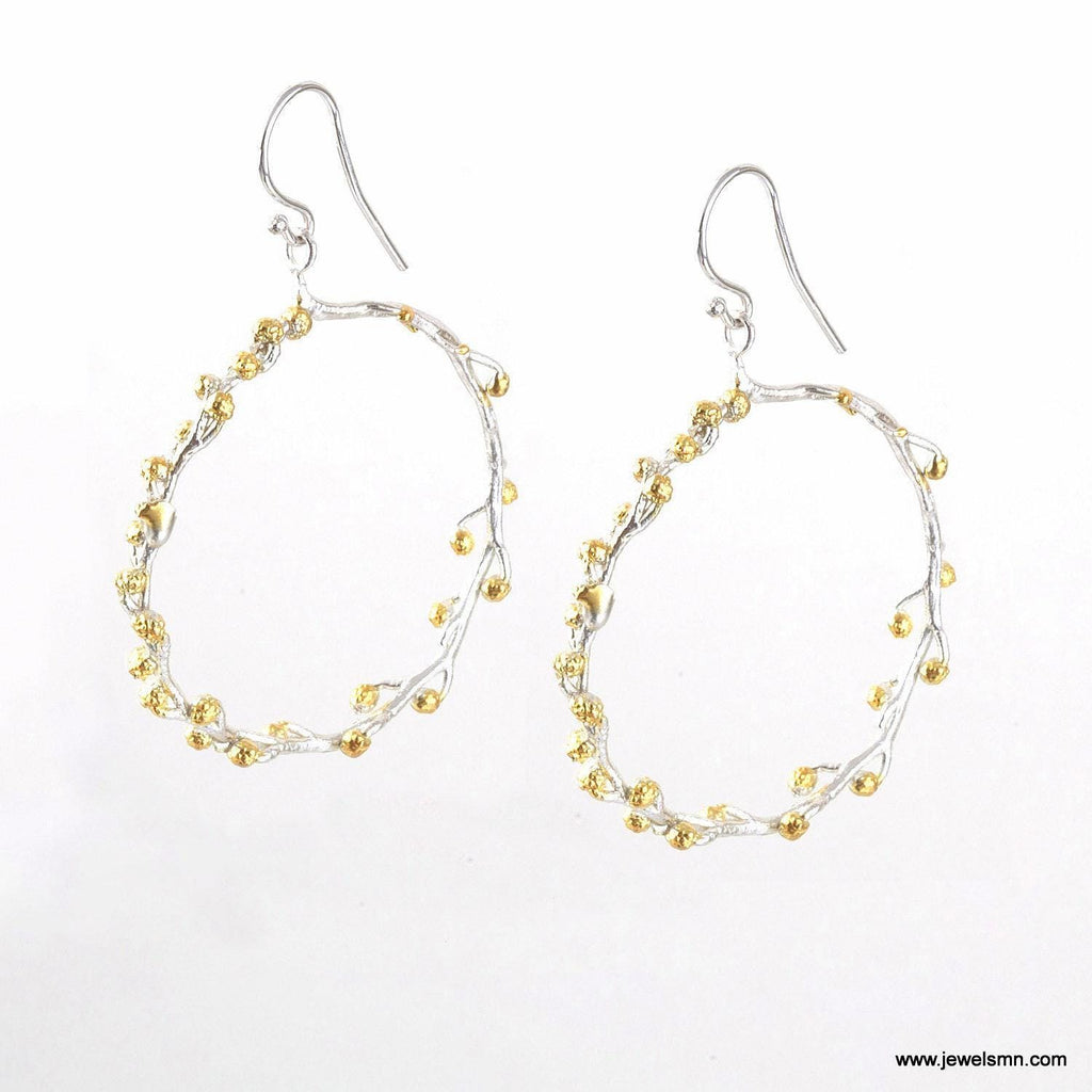 Gold Hoop Earrings, Acacia Leaf Detail (Gold-Plated Brass)