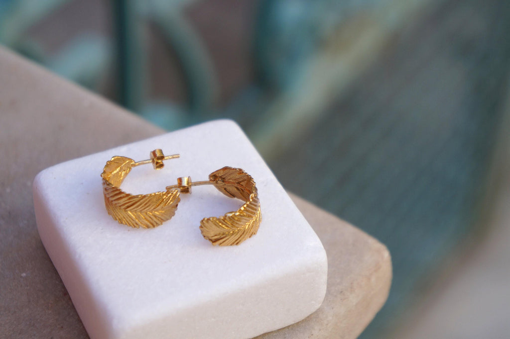 Hoop Earrings: 14k Gold Plated Mimosa Leaves - Nature Inspired Jewelry in Recycled Brass