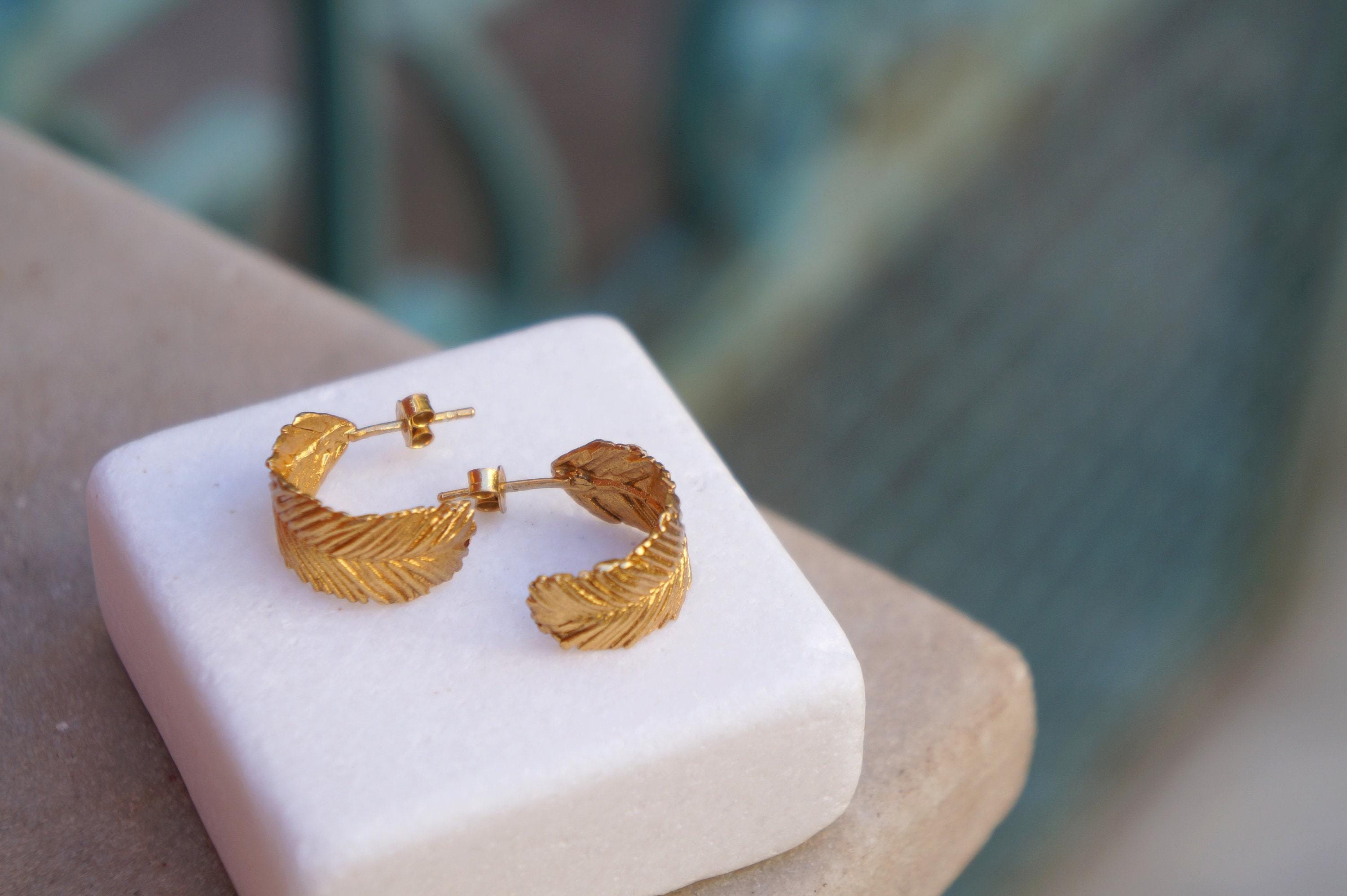 Hoop Earrings: 14k Gold Plated Mimosa Leaves - Nature Inspired Jewelry in Recycled Brass