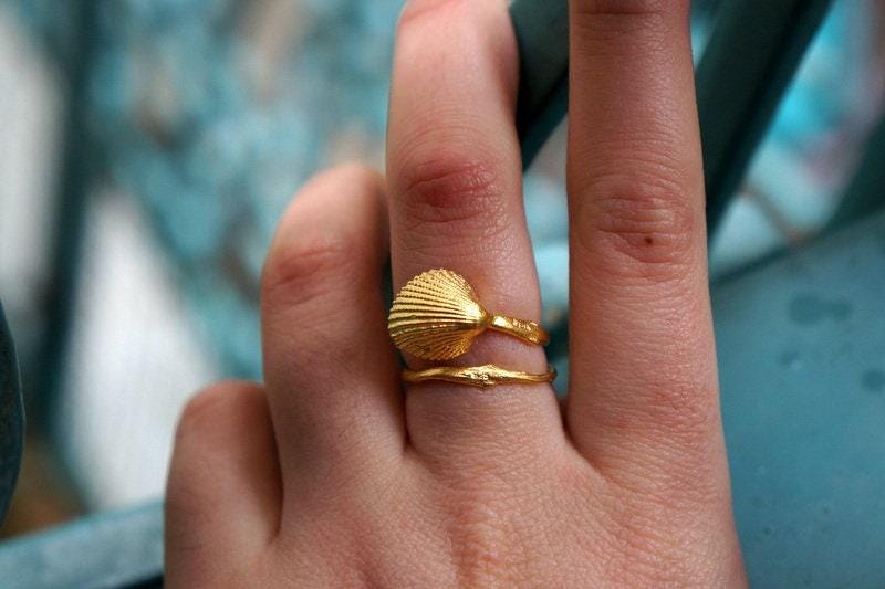 Adjustable Sea Shell Ring: Recycled Silver, Gold Plated - Nature Inspired