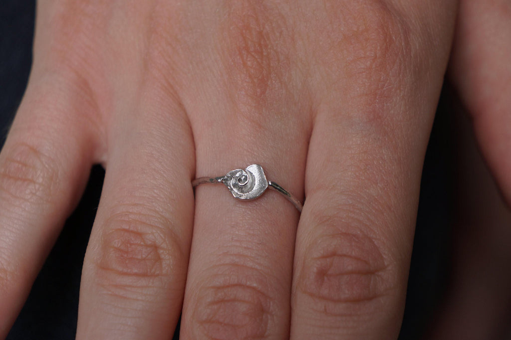 Sterling Silver Ring: Dainty Sea Shell and Twig Design - Gold Accents