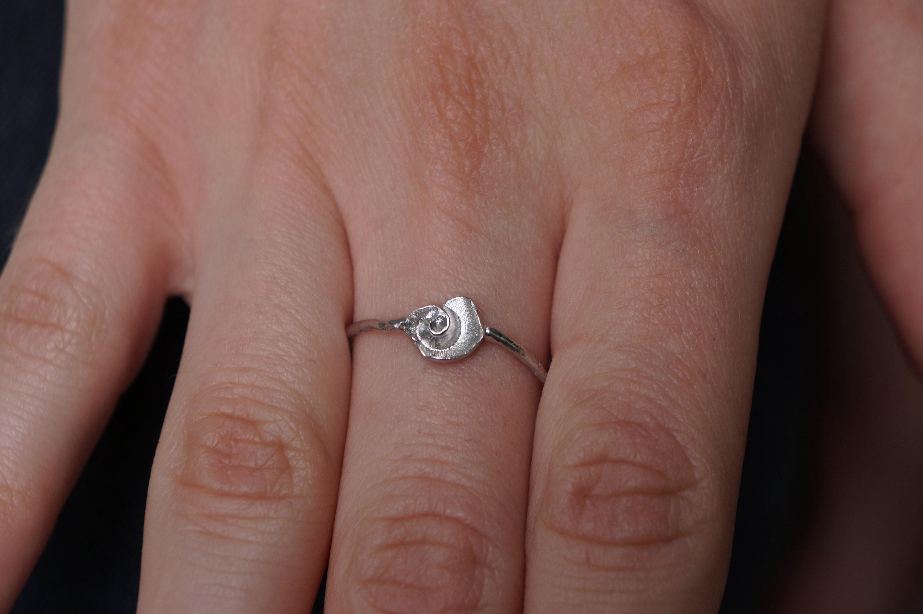 Sterling Silver Ring: Dainty Sea Shell and Twig Design - Gold Accents