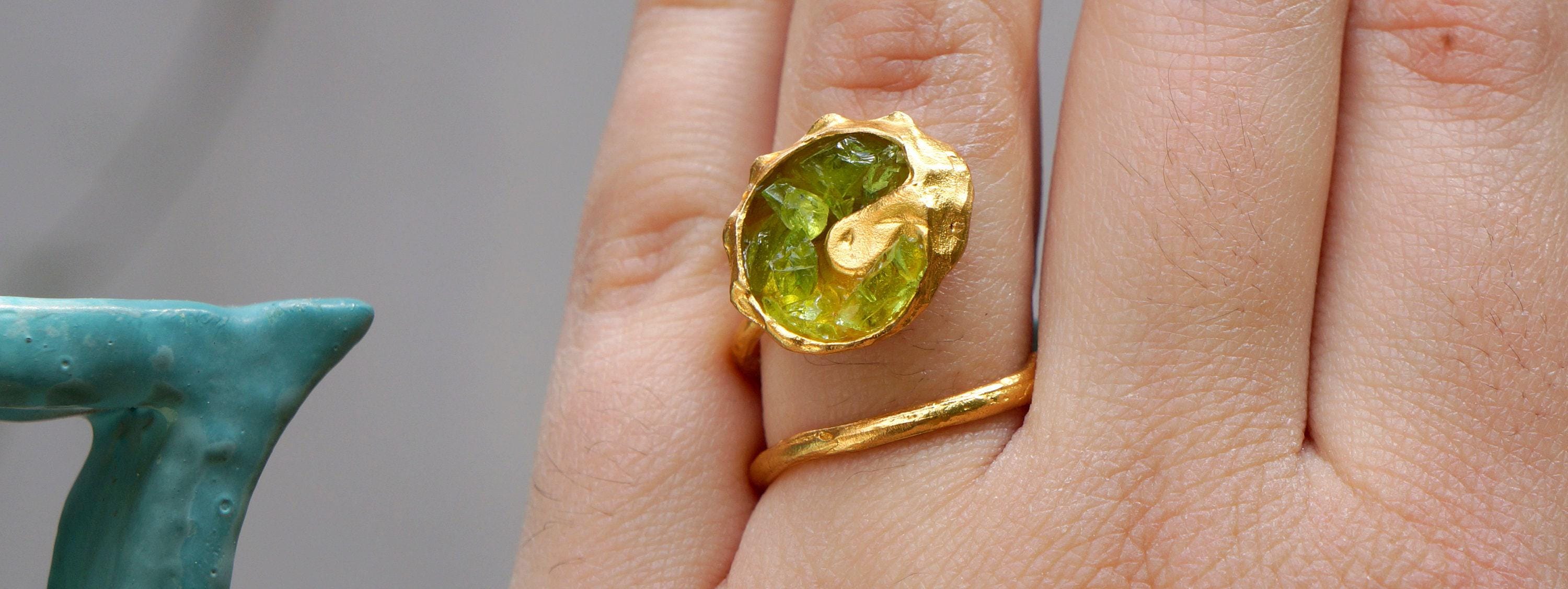 Gold Sea Shell Ring, Gold-Plated Sterling Silver Jewelry, Murano Stone Ring, Gift for Her, Birthday Gift for Women, Handmade Jewelry