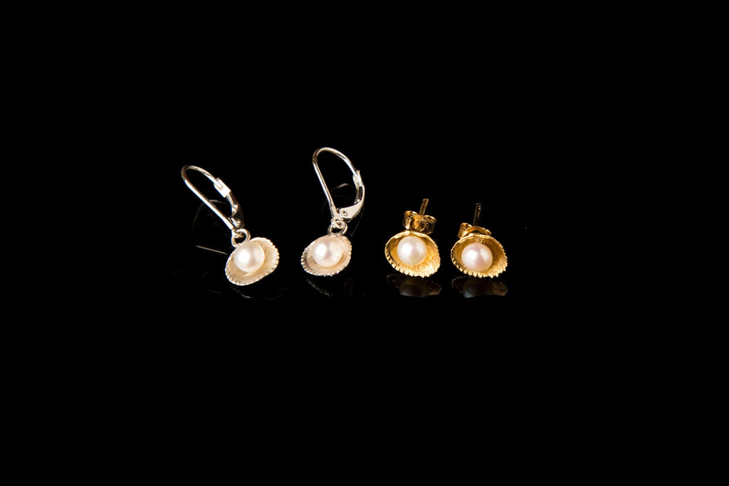 Sea Shell Earrings: Natural Pearls in Solid Gold (Stud or Dangle)