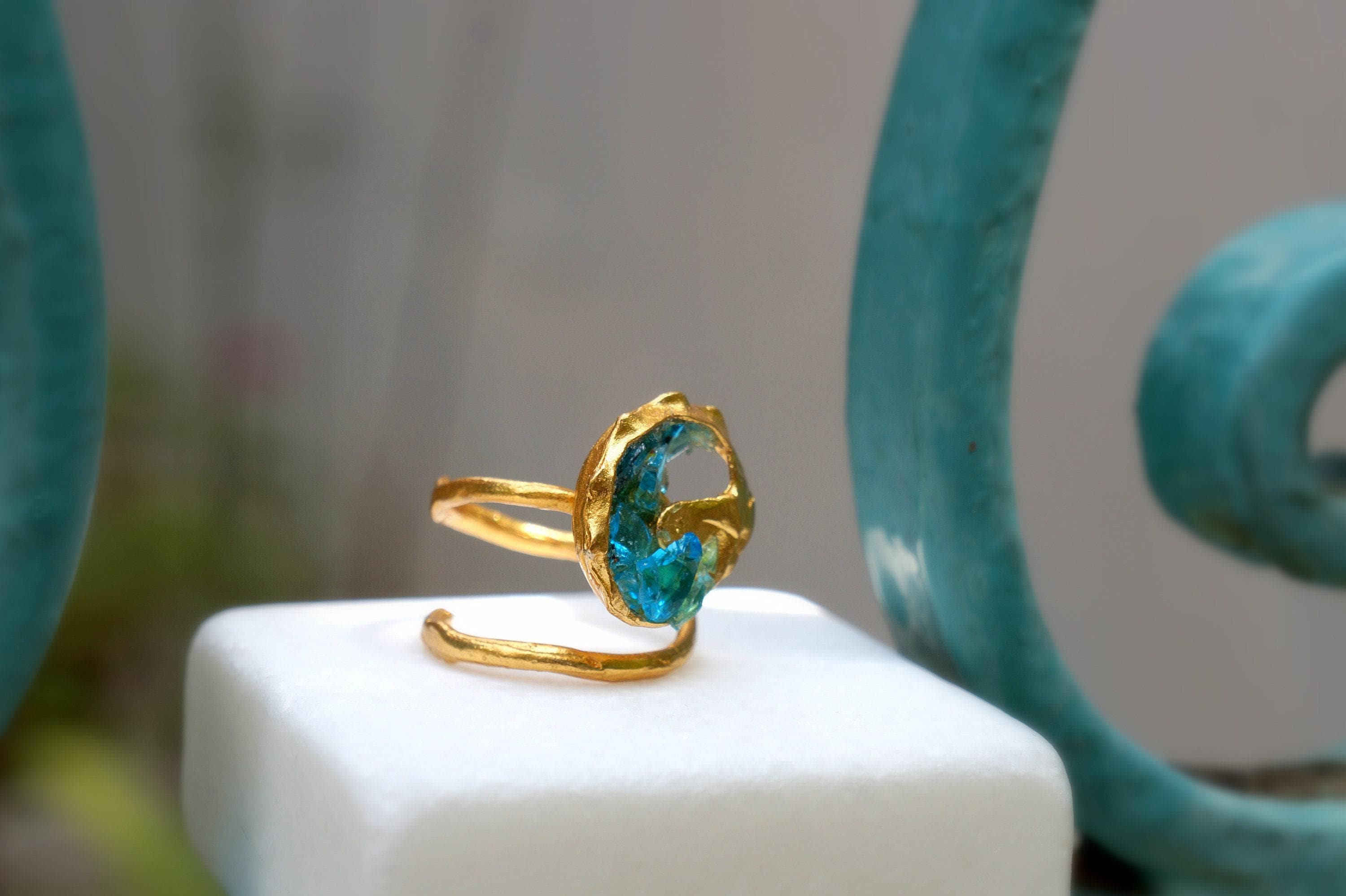 Gold Sea Shell Ring, Gold-Plated Sterling Silver Jewelry, Murano Stone Ring, Gift for Her, Birthday Gift for Women, Handmade Jewelry
