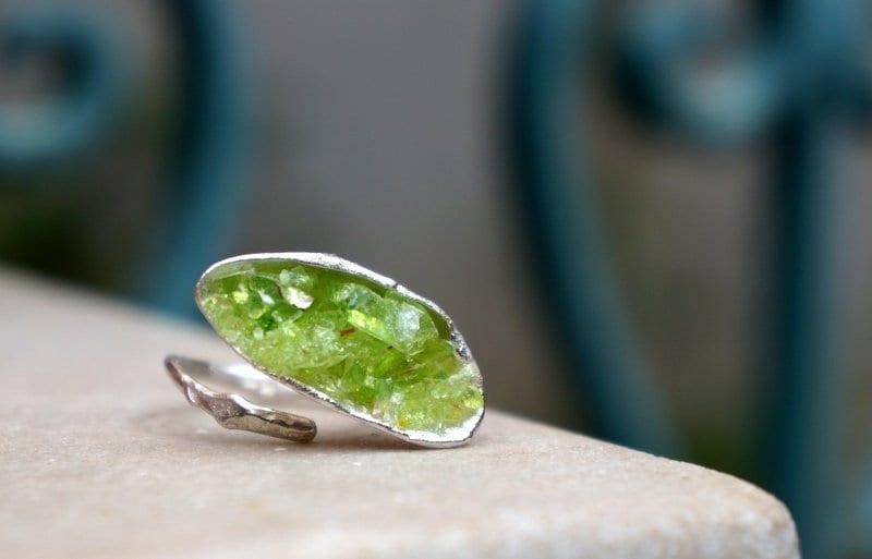 Big Nature Ring for Women - Recycled Silver, Green Murano Glass
