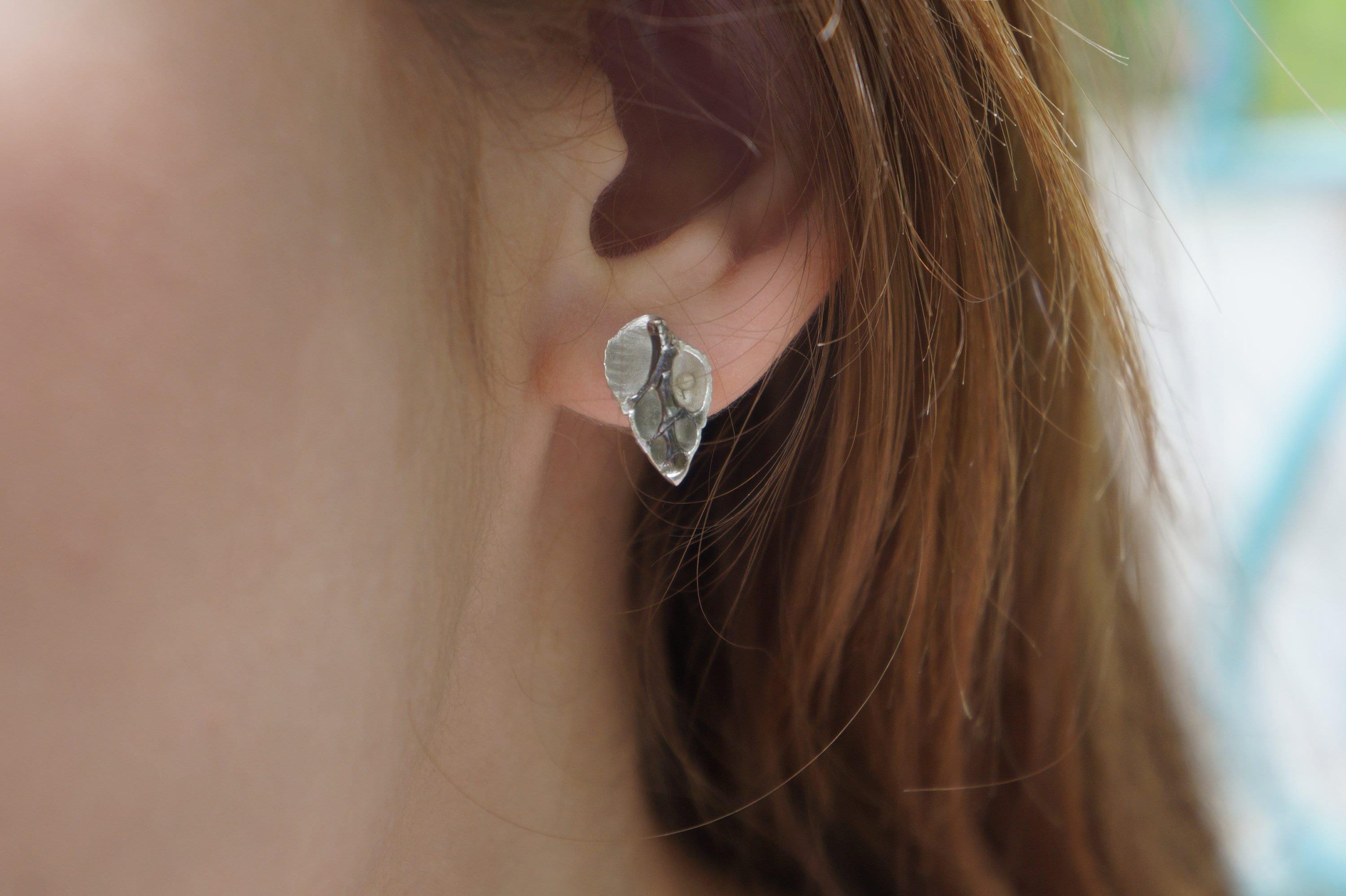 Sterling Silver Sea Shell Earrings: Half Heart Nautical Studs (Eco-Friendly)