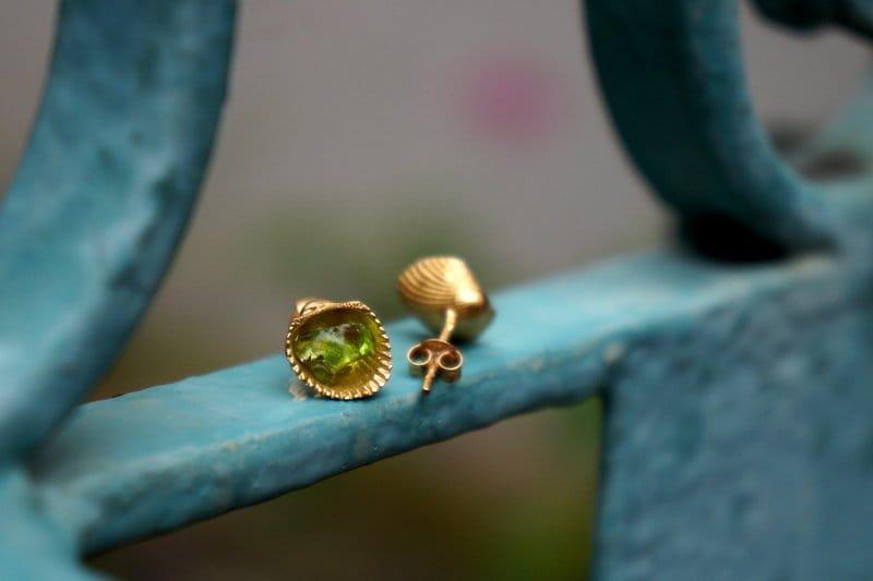 Shell Stud Earrings: Green Murano Stone, 14k Gold Plated Silver