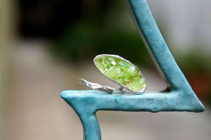 Big Nature Ring for Women - Recycled Silver, Green Murano Glass