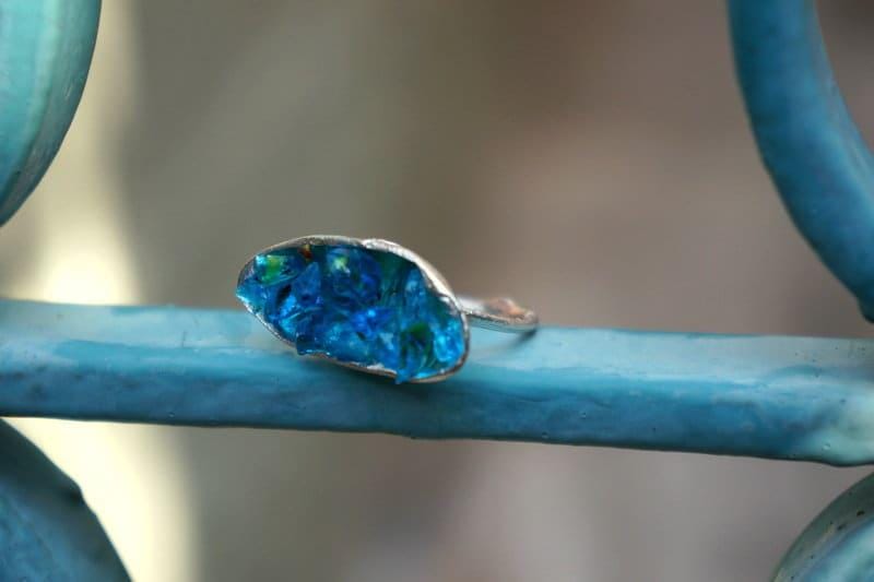 Nature-Inspired Mussel Shell Ring, Sterling Silver, Blue Murano Glass (Sizes 6-9)