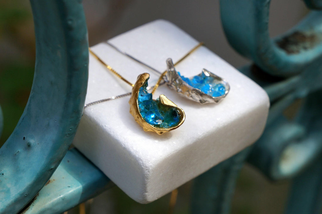 Sea Shell Necklace: Blue Murano Glass - Gold Plated Sterling Silver