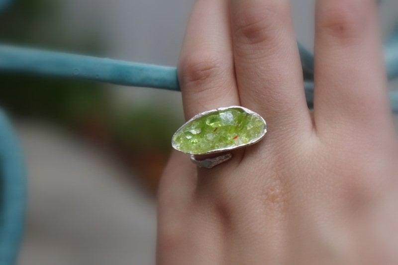 Big Nature Ring for Women - Recycled Silver, Green Murano Glass