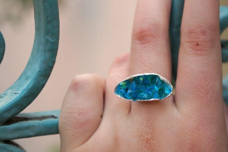 Nature-Inspired Mussel Shell Ring, Sterling Silver, Blue Murano Glass (Sizes 6-9)