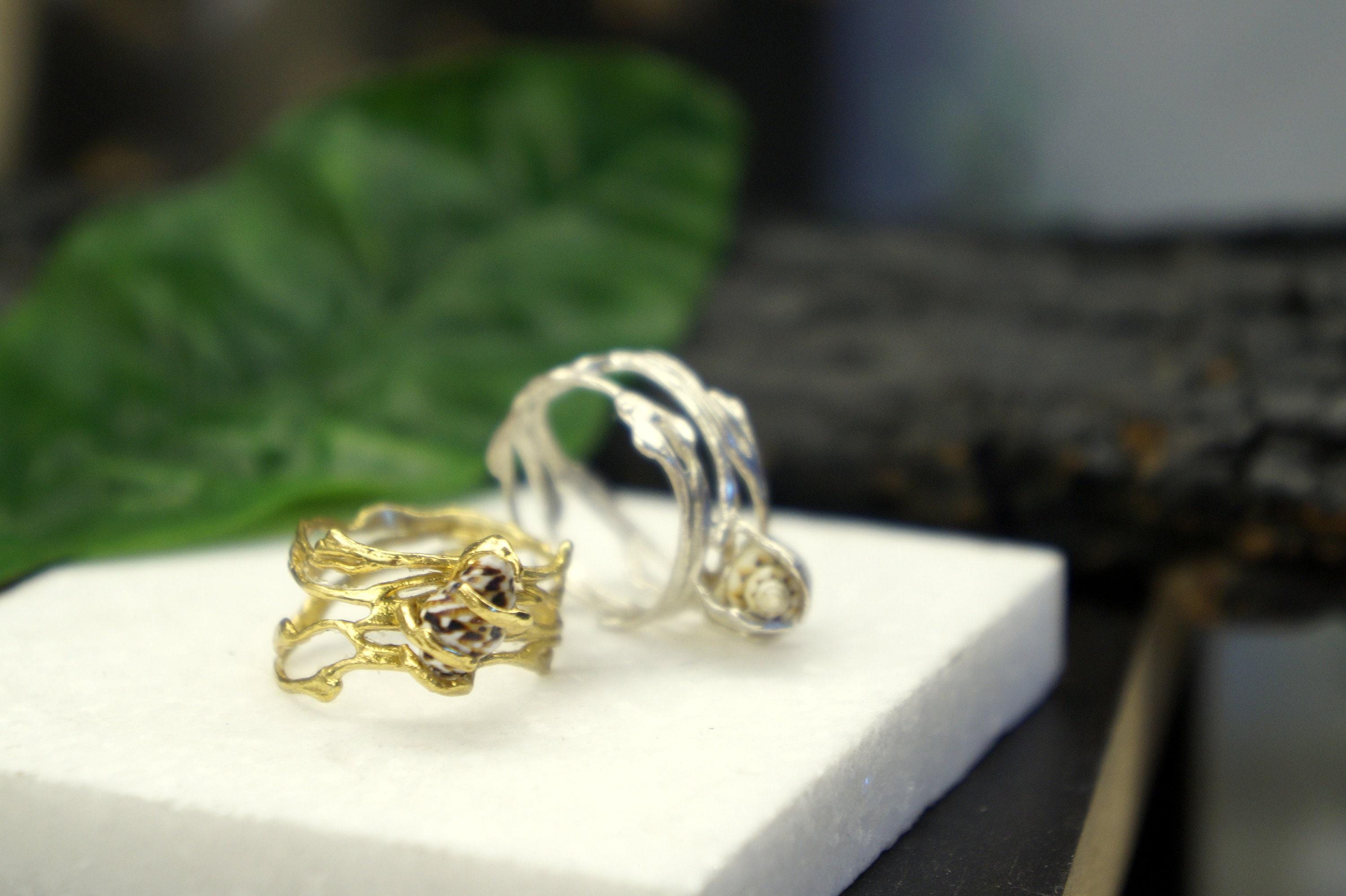 Jasmine Twig Ring: Real Sea Shell Accent (Sterling Silver, Gold Plated)