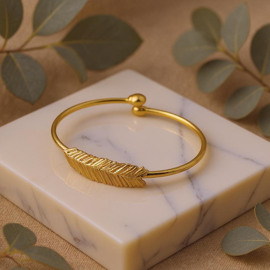 14k Gold-Plated Brass Bracelet, Nature Inspired Leaf Design