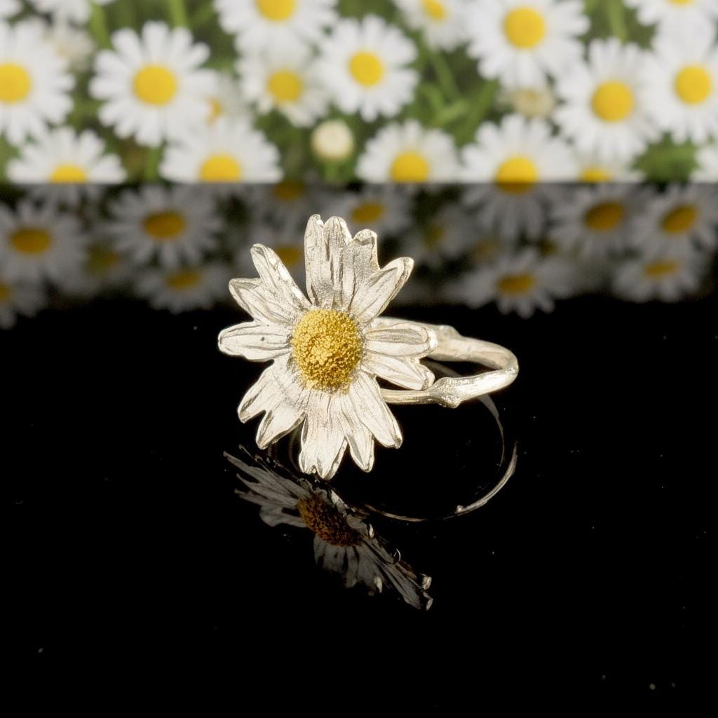 Handmade Daisy Ring - Real Flower in Recycled Sterling Silver 925