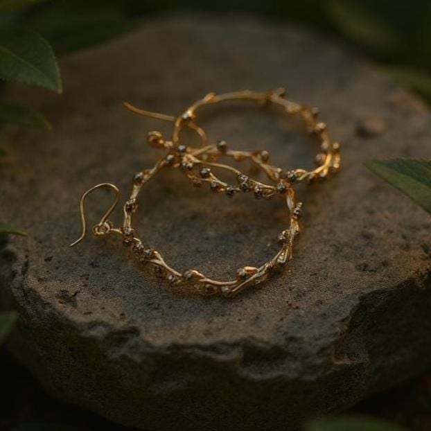Twig Hoop Earrings: Gold and Black Rhodium - Real Mimosa Branch