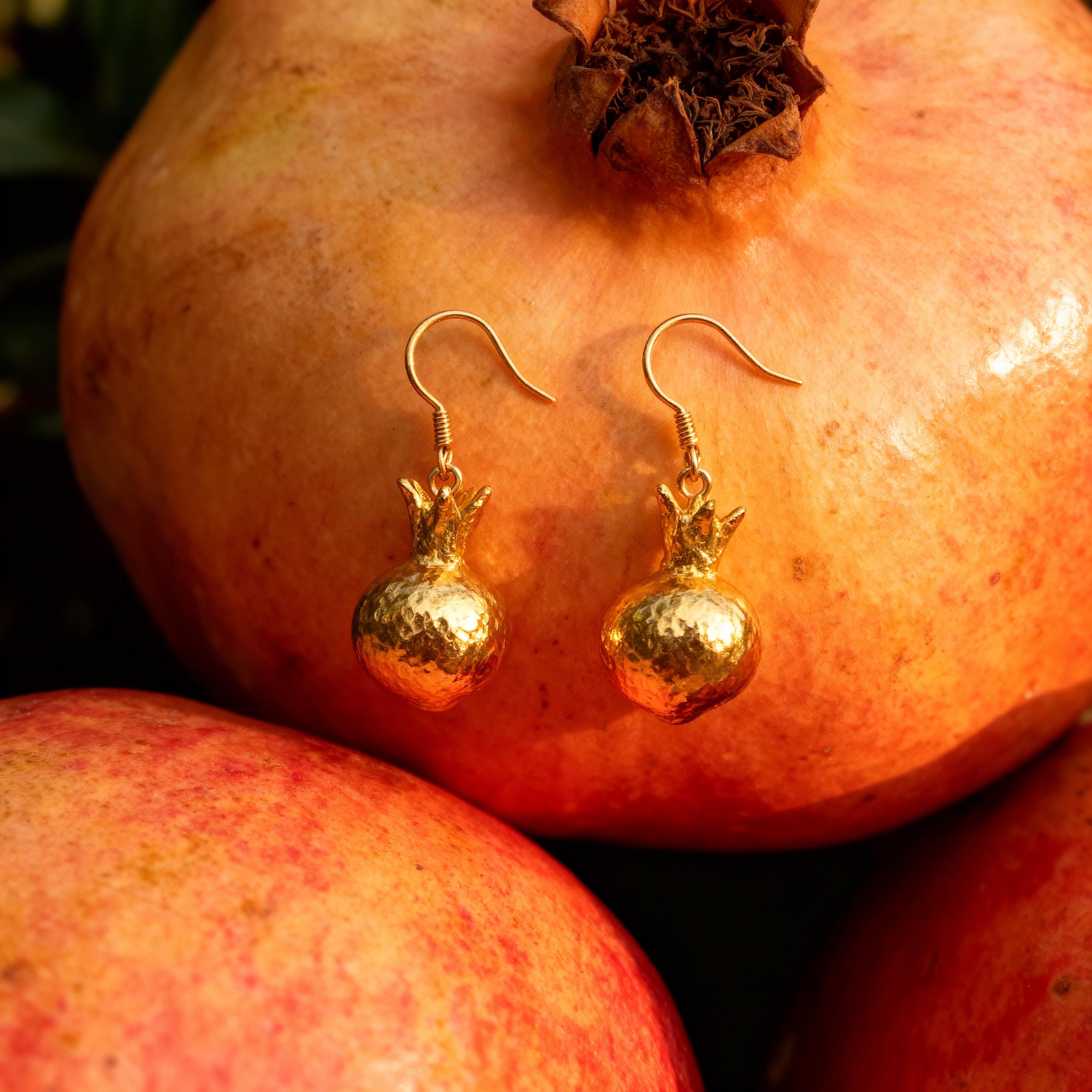 Real Pomegranate Earrings, Half Pomegranate Jewelry, Sterling Silver 925 - Gold Plated, Symbol of Fertility & Abundance, Nature Inspired