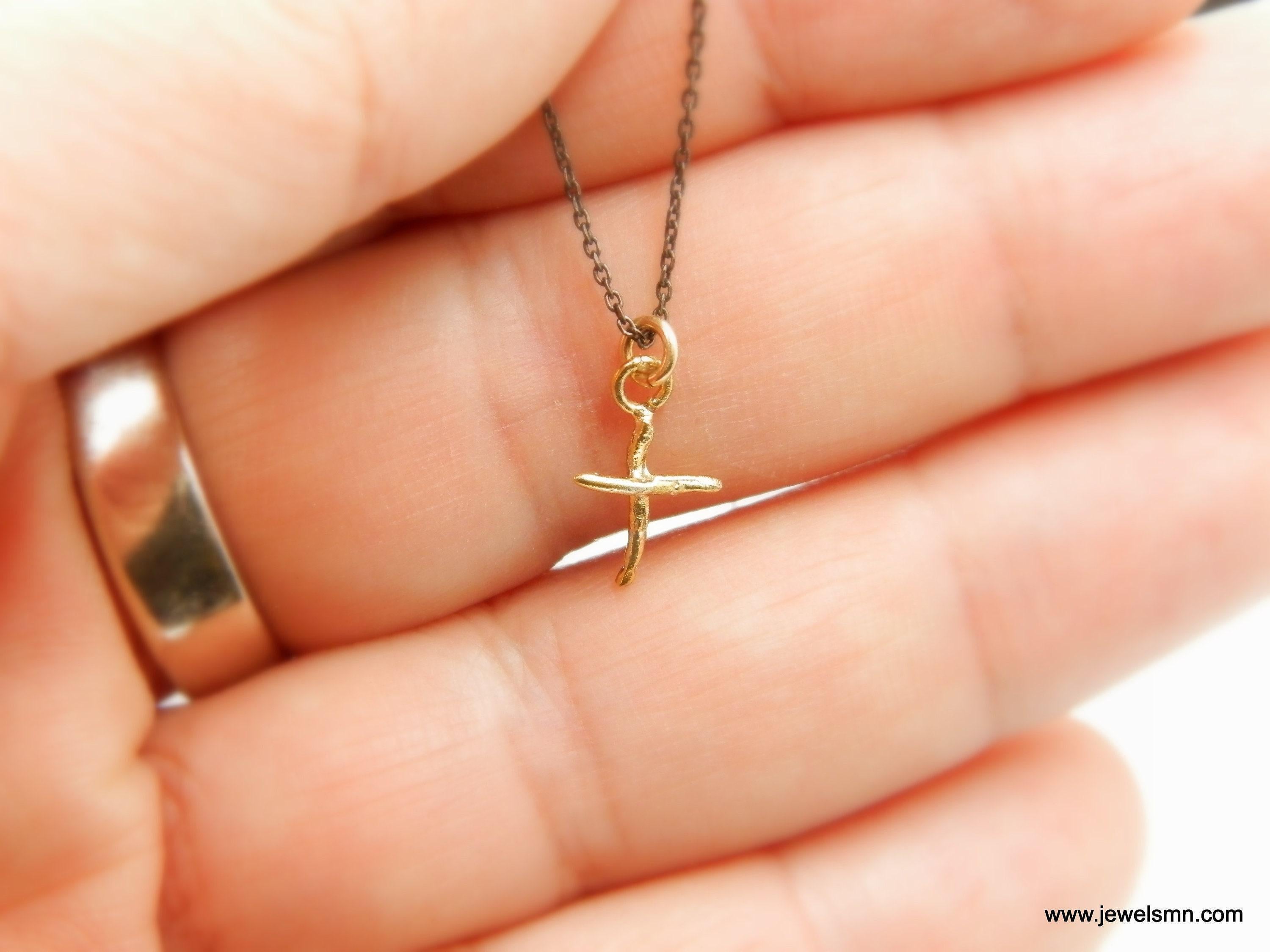 Gold Jasmine Cross Necklace, Handmade Nature Jewelry, Organic Branch Pendant, Gift for Spirituality & Faith, Sterling Silver 925