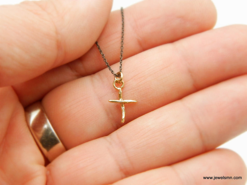 Gold Jasmine Cross Necklace, Handmade Nature Jewelry, Organic Branch Pendant, Gift for Spirituality & Faith, Sterling Silver 925