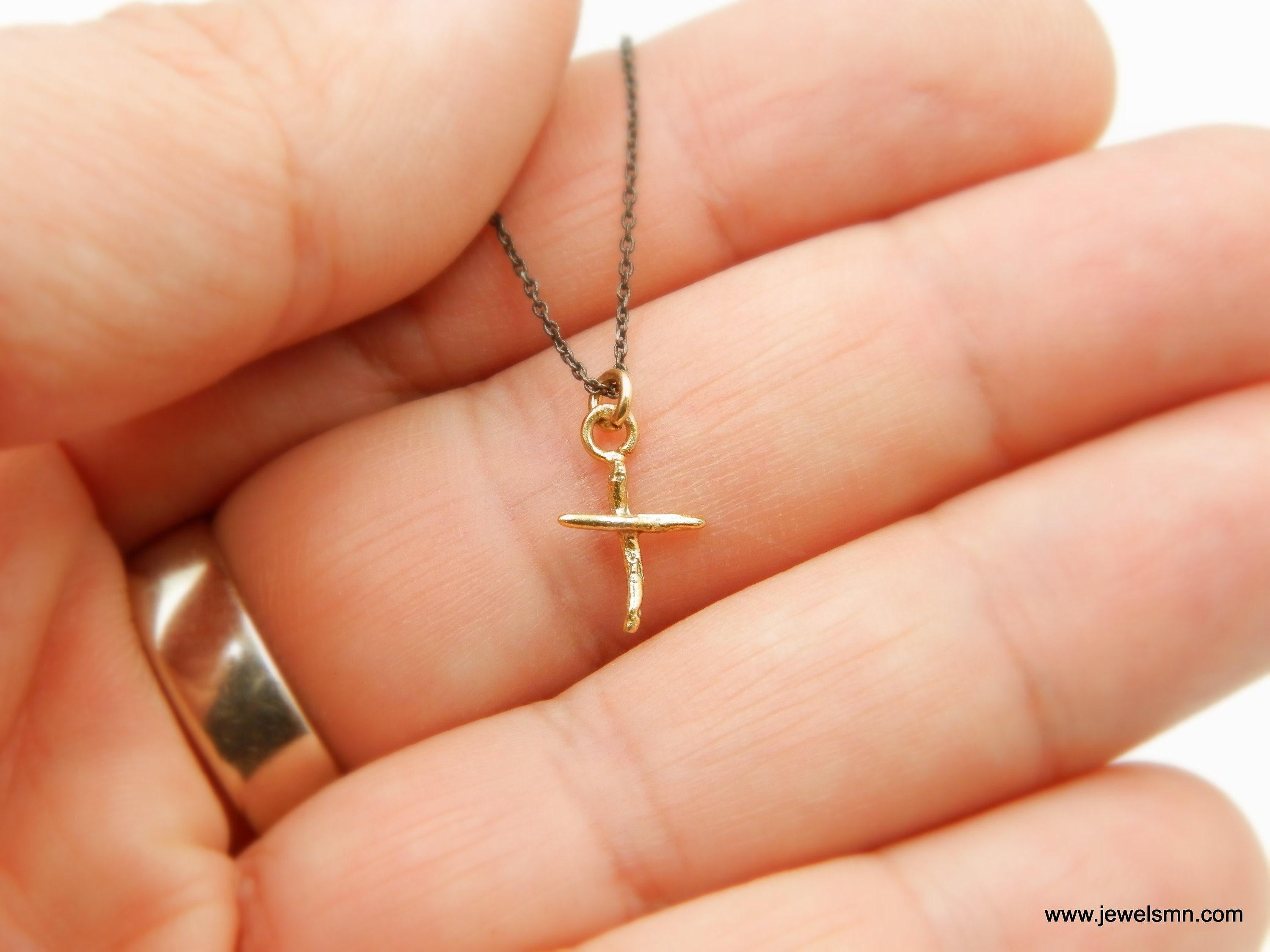 Gold Jasmine Cross Necklace, Handmade Nature Jewelry, Organic Branch Pendant, Gift for Spirituality & Faith, Sterling Silver 925