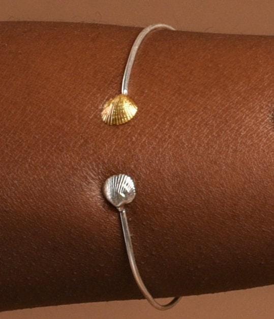 Seashell handmade bracelet.Two tiny clams sterling silver and gold plated. Clams symbolize resurrection, life protection & good fortune