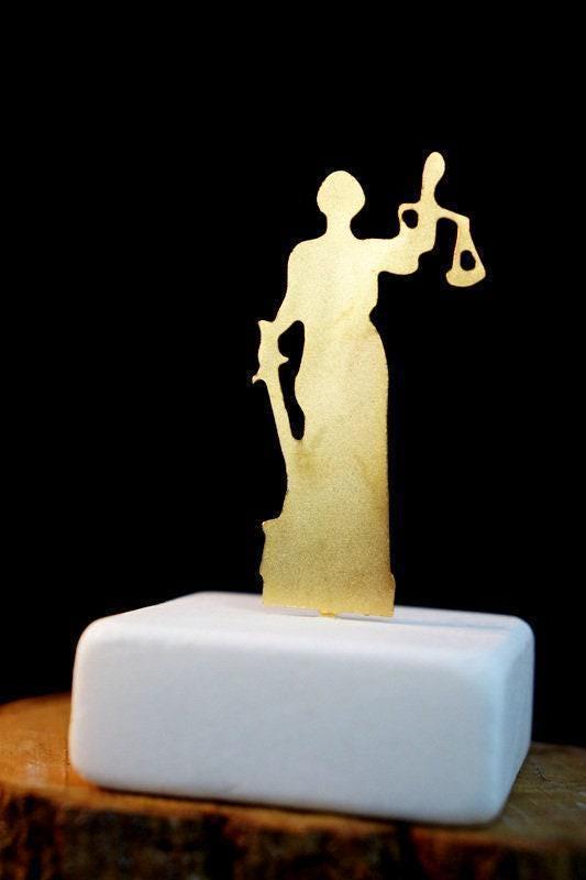 Gold Statue of Lady Justice, Gold-Plated Bronze Sculpture, Home Decor Sculpture on Marble Base
