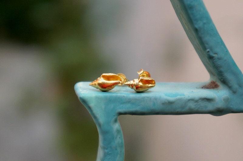 Dainty Sea Shell Earrings, Handmade Minimalist Jewelry, Organic Beach Studs, Gift for Rejuvenation & Luck, Gold on Sterling Silver 925