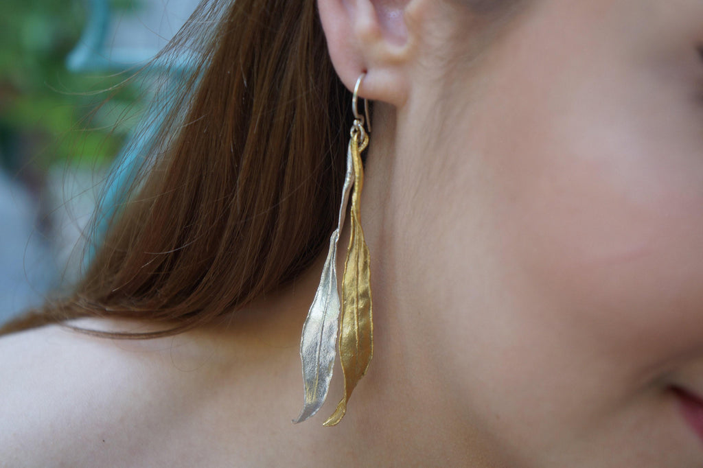 Real Olive Leaf Earrings, Handmade Statement Jewelry, Organic Forest Dangles, Nature's Gift for Luck & Health, Gold and Sterling Silver 925