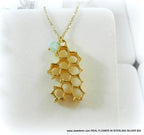 Real Honeycomb Gold Necklace, Handmade Nature Jewelry, Organic Bee Pendant, Gift for Health & Prosperity, Gold or Sterling Silver 925