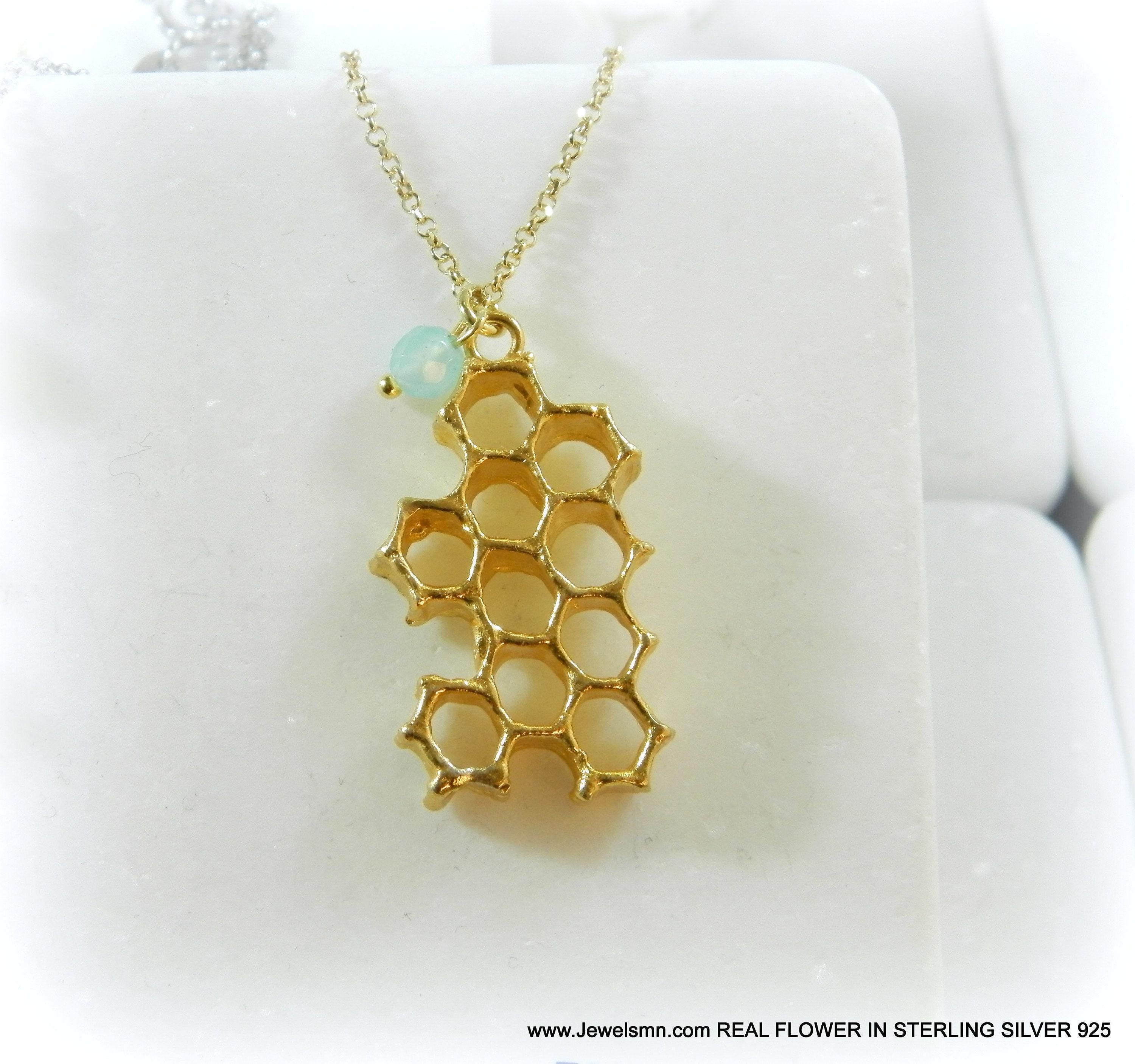 Real Honeycomb Gold Necklace, Handmade Nature Jewelry, Organic Bee Pendant, Gift for Health & Prosperity, Gold or Sterling Silver 925