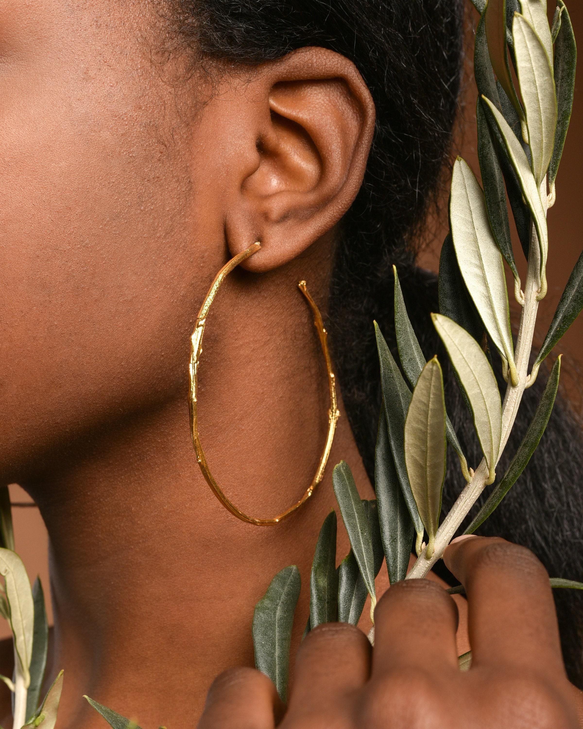Gold Olive Branch Hoops, Handmade Nature Jewelry, Botanical Tree Earrings, Gift for Luck & Success, Eco Sustainable Sterling Silver 925